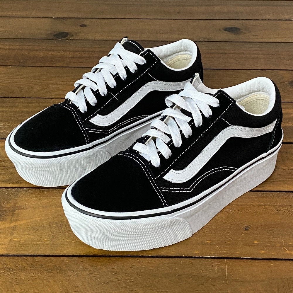 Vans Old Skool Stacked Platform Sneakers Black White Suede Canvas Womens 7